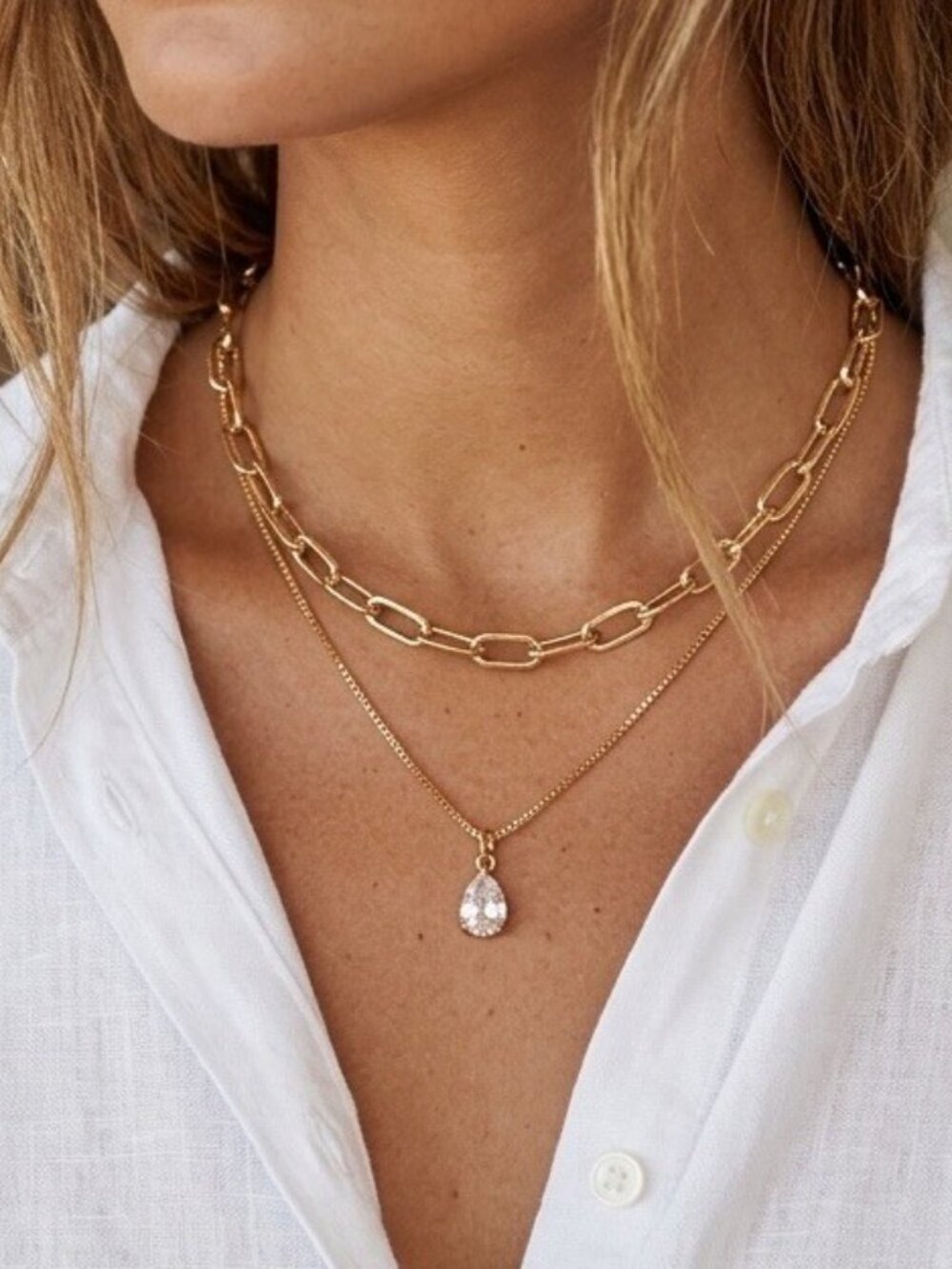 Layered Gold Chain Necklace Set Stainless Steel Paperclip & Teardrop Jewelry
